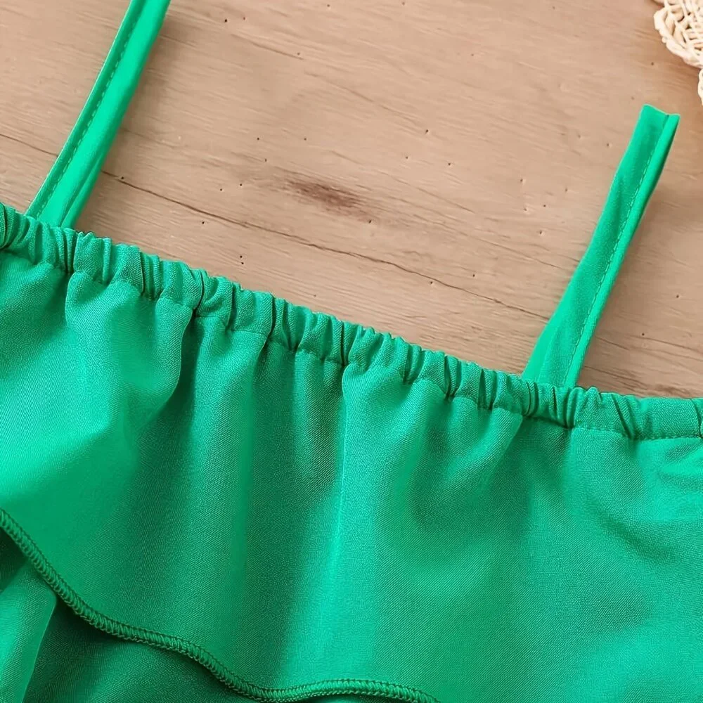 2-Piece Girl's Green Off-Shoulder Blouse Top + Tropical Shorts Set